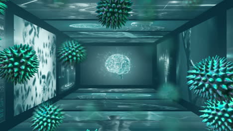 macro coronavirus cells flowing and spreading over screen of medical scans