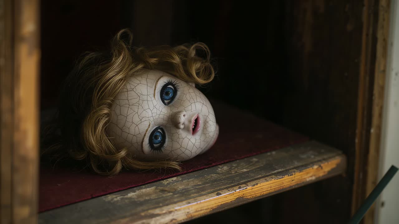 Câmera em movimento revelando detalhes faciais na cabeça rachada de uma boneca de porcelana dentro de um armário no sótão, mostrando um livro vermelho