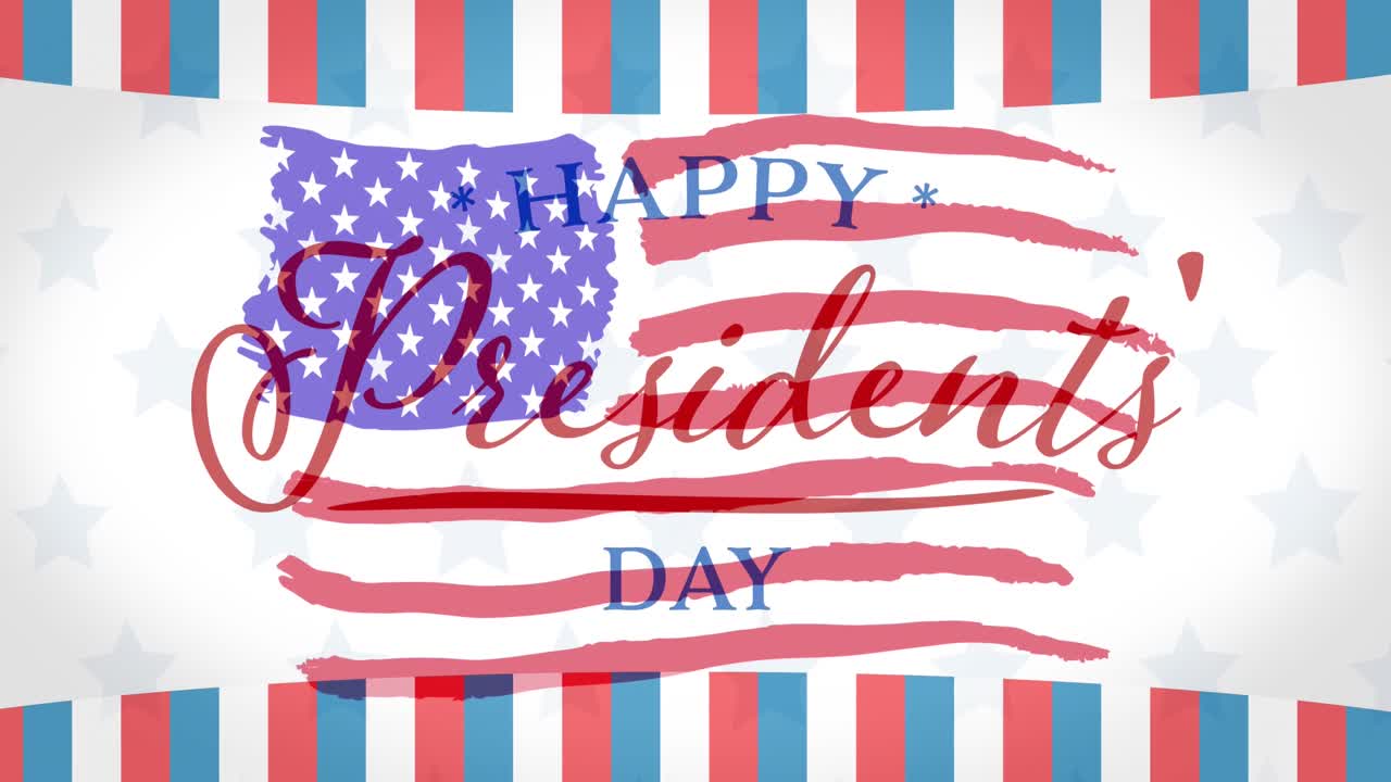Composition of happy presidents' day text with striped border over american flag