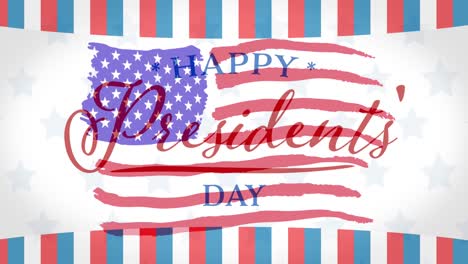 composition of happy presidents' day text with striped border over american flag