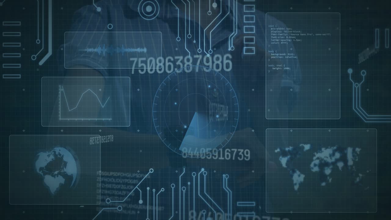 Animation of data processing over man using smartwatch