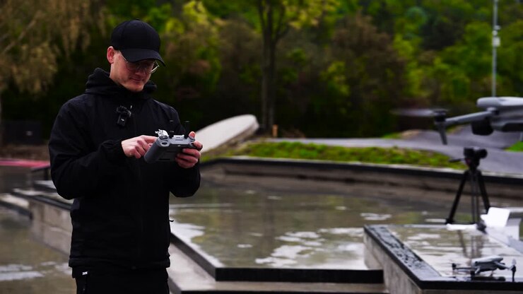 Male drone pilot walk and use remote control to fly compact aircraft, Czechia