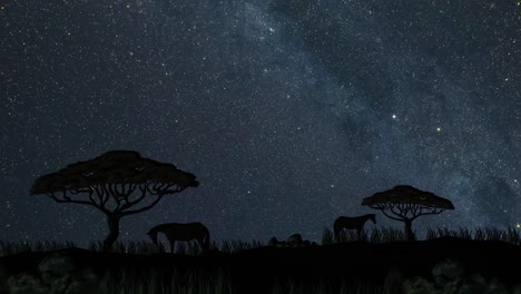 starry sky over savannah with acacia trees and elephants.