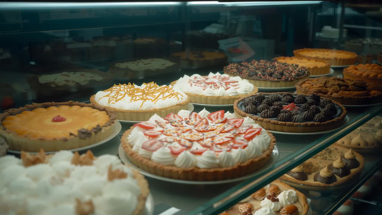 Panning camera gliding across pastry display case at pastry shop, showing cream and fruit tarts