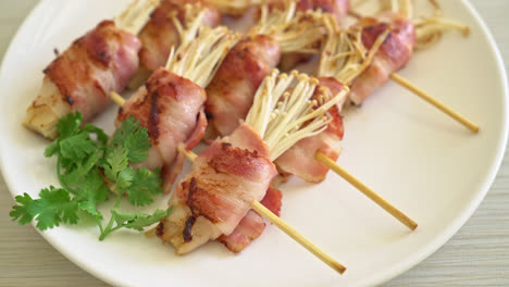 Bacon-Wrapped-Golden-Needle-Mushroom-Skewers