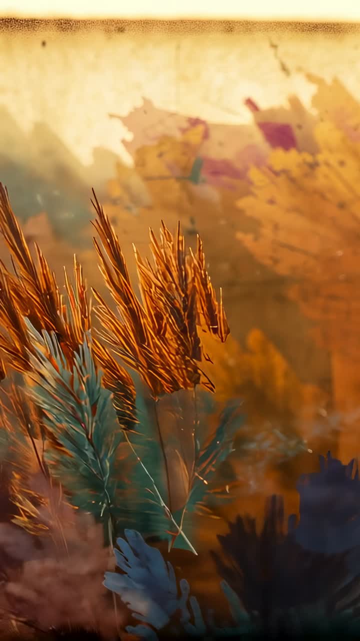 Vertical video: Breeze stirring golden stalks and teal leaves swaying in painted scene paper border
