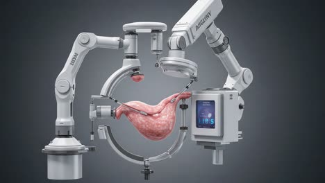 innovative robotic surgery system featuring advanced manipulation of biological tissue in a high-tech medical environment