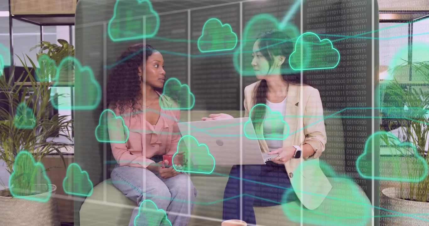 Woman gesturing toward laptop spawning clouds drifting between mug and peer in tech collaboration