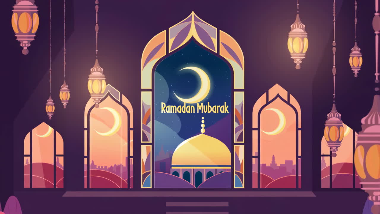 Ramadan Mubarak greeting with mosque and lanterns