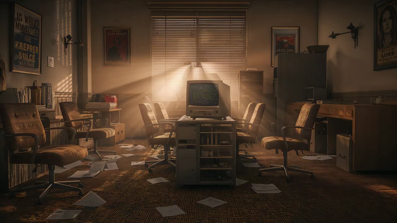 Streaming sunlight through blinds sweeping across cluttered office, lighting CRT monitor and papers