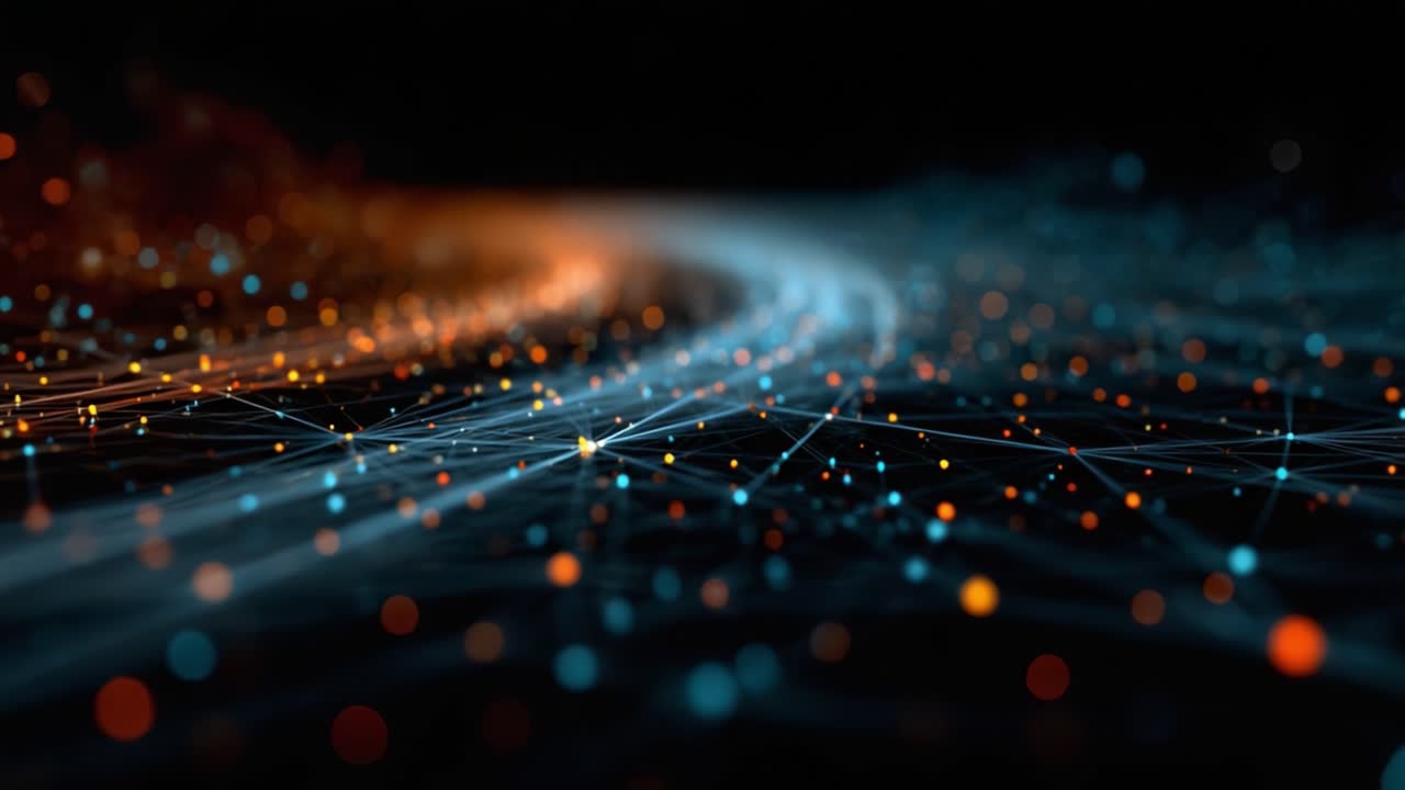 Abstrakte glødende datastrømme, der fletter sig sammen på en mørk baggrund, som repræsenterer avanceret teknologi, digitale forbindelser og netværkssystemer i dynamisk visualisering