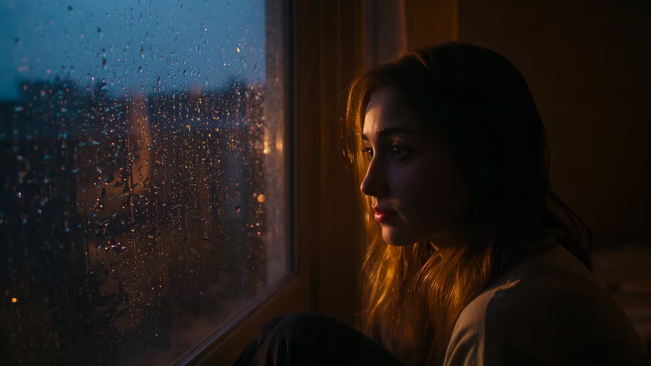 Donna che osserva, seduta accanto a una finestra al crepuscolo, con un top a maniche lunghe, la pioggia che crea riflessi, con spazio per il testo.