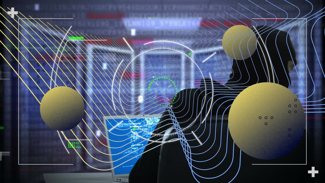 Animation of globes and data processing over computer hacker with laptop
