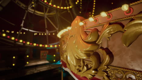 close-up of a golden carousel horse with lights in the background