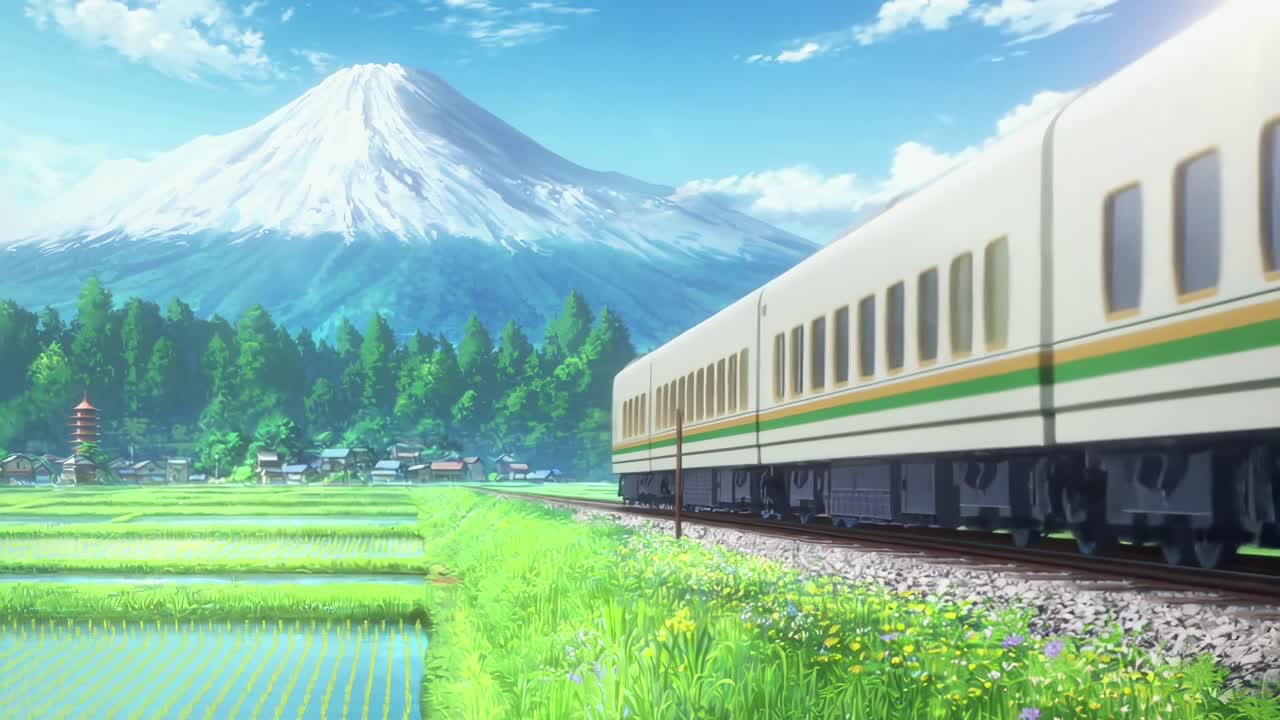 田園地帯を走る電車と背景の富士山をサイドから捉えたアニメ風ビデオ静止画。