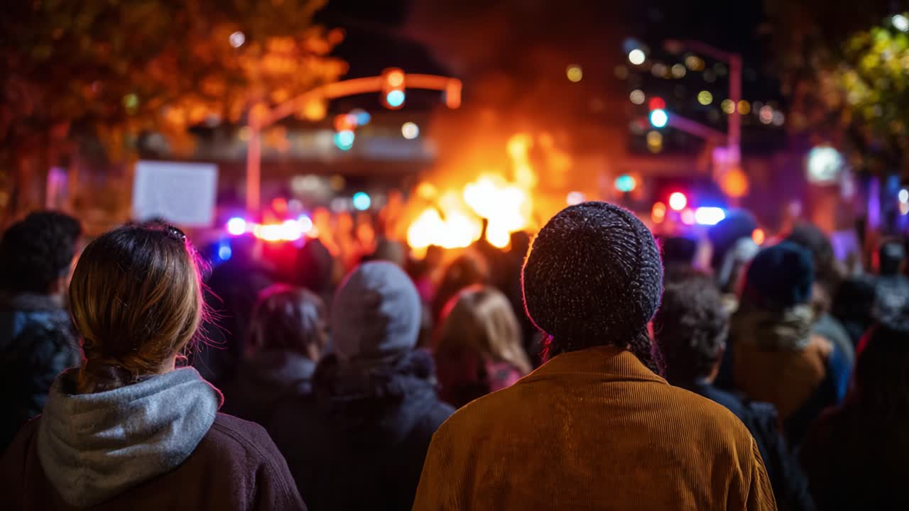 Folk samles i protest og observerer brand og beredskabsindsats midt i en intens atmosfære af social uro og kollektivt udtryk i et urbant miljø