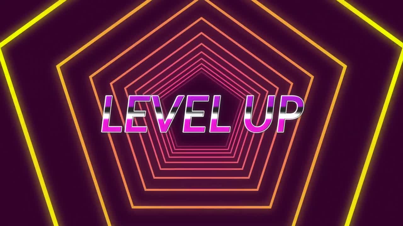 검은색 바탕에 노란색 육각형에 대한 보라색 레벨 업 텍스트