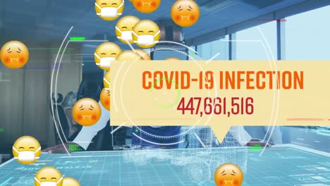 Animation-Von-Text-Covid-19-Infektion,-Scanner-Und-Kranken-Emojis-über-Einem-Mann-Im-VR-Headset-Im-Büro