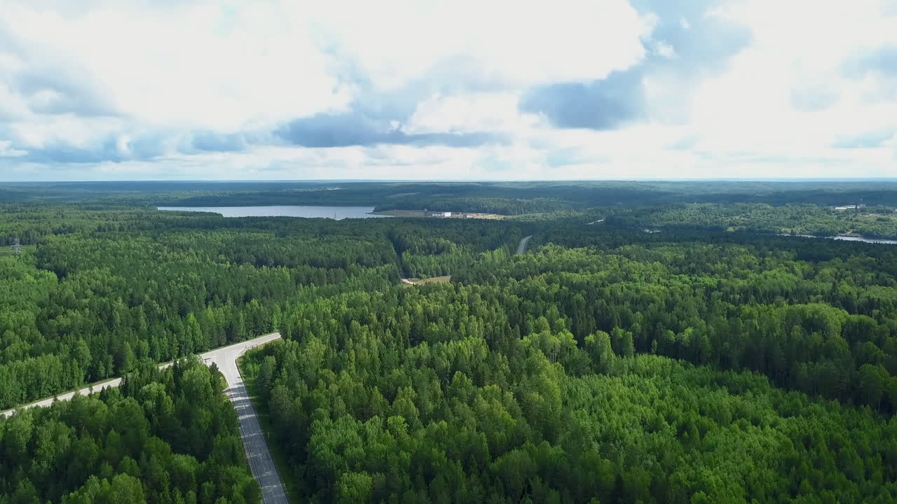 도로 와 호수 가 있는 숲 의 공중 사진