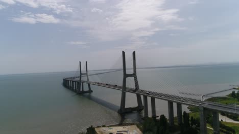 Aerial-view-of-Vasco-da-Gama-bridge-in-Lisbon,-Portugal