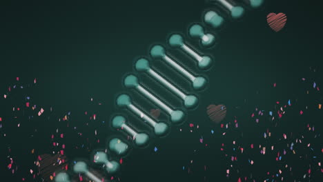 digital animation of confetti falling over spinning dna structure against red heart icons falling