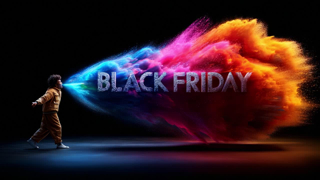 Un bambino mostra un'esplosione di colori vivaci ed energia dinamica, a simboleggiare l'eccitazione e il caos che circondano la stravaganza dello shopping di sconti e offerte del Black Friday