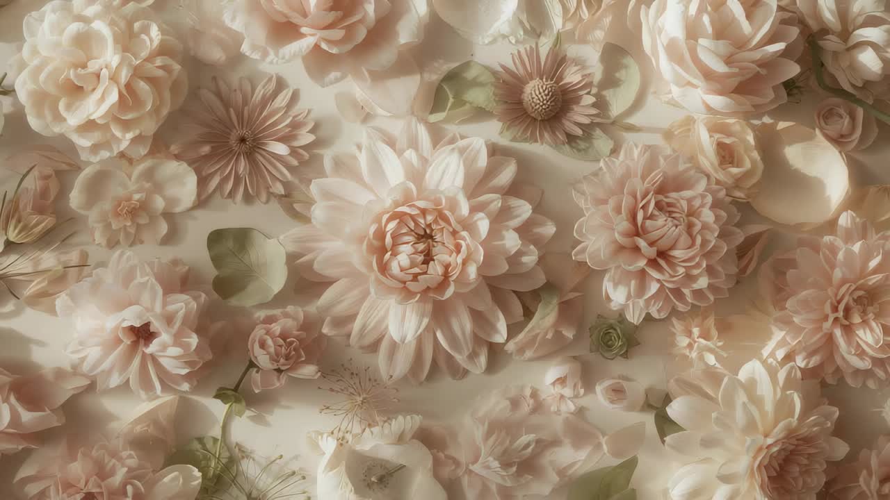 La telecamera si sposta rivelando un fiore centrale simile a una dalia su un ripiano da studio, esponendo fiori di pesco pallidi.