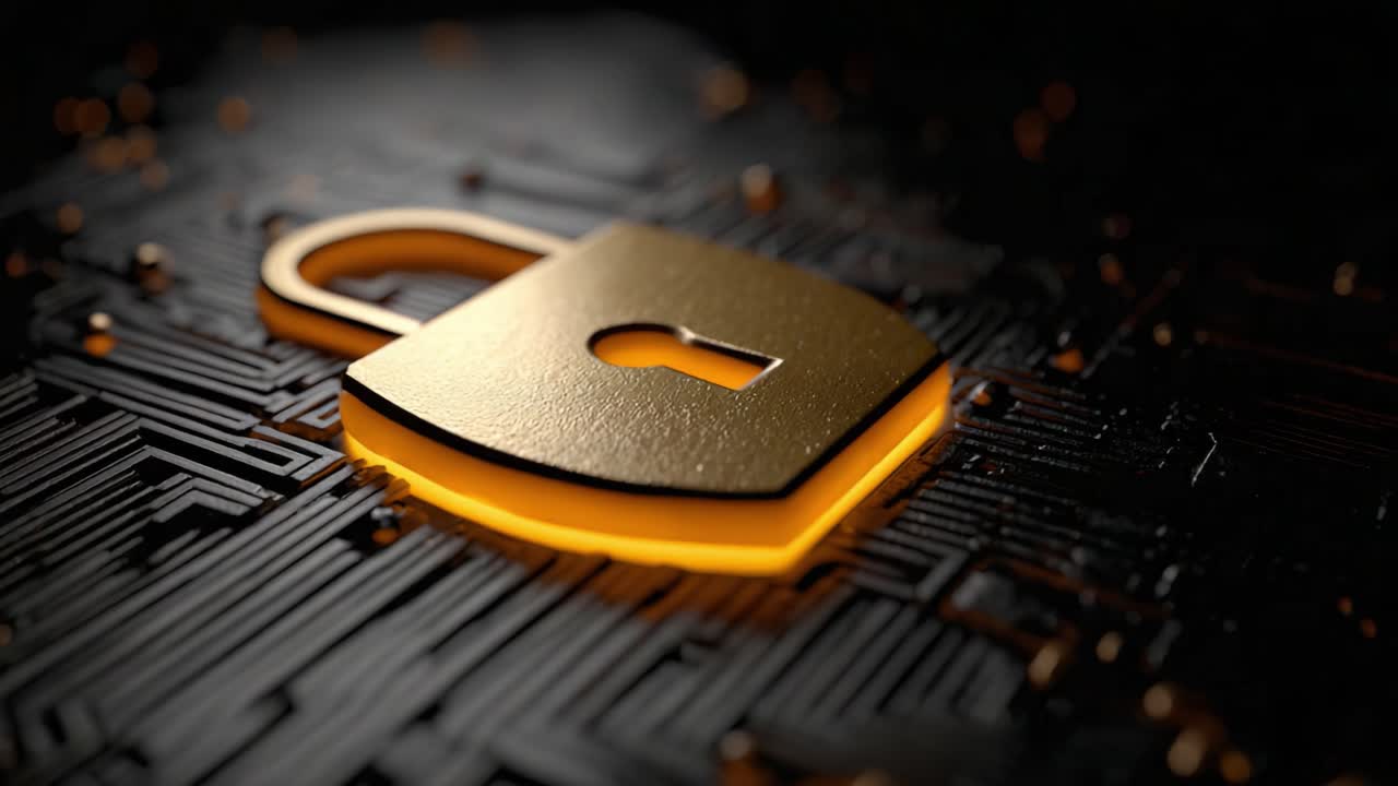A Glimmering Golden Padlock Symbolizing Digital Security Set Against an Intricate Circuit Board Background Filled with Radiant Lights