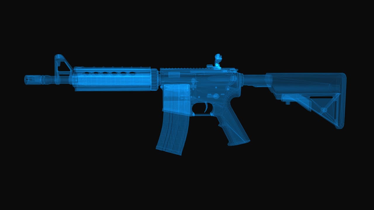 Machine gun wireframe scheme. 3d render with blue grid lines. Loop rotation on black background.