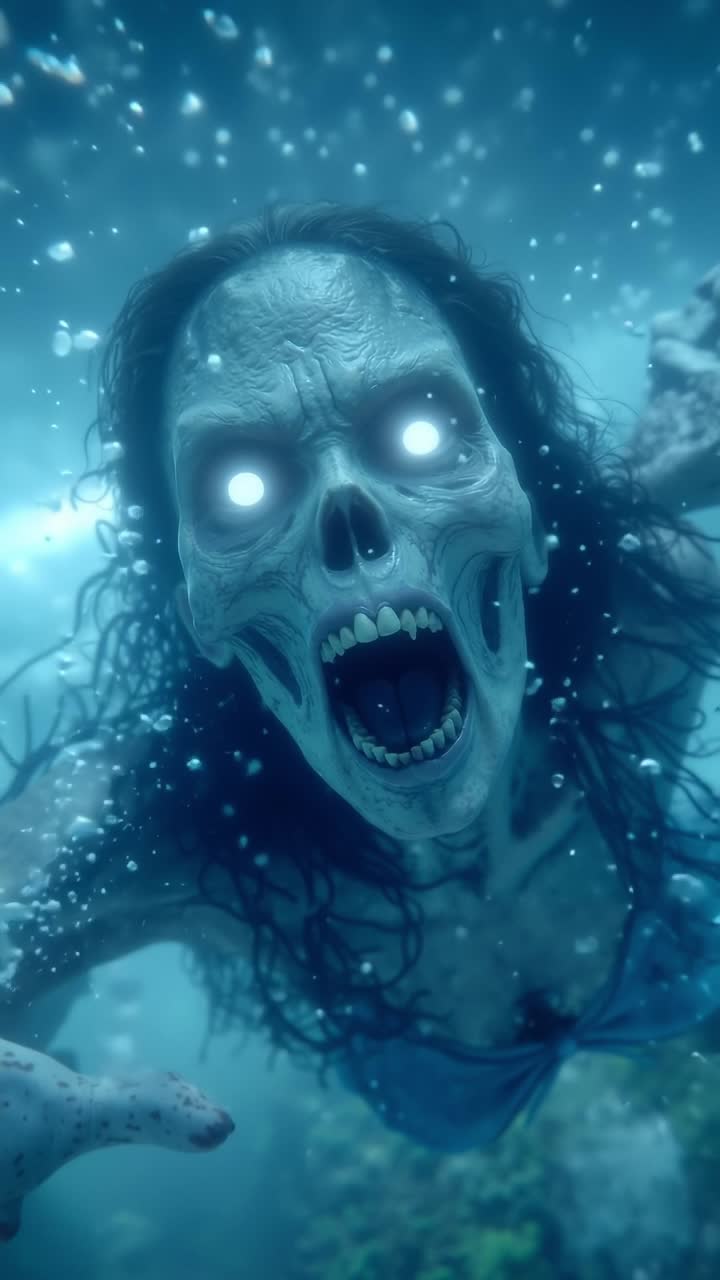 Una donna con una faccia da teschio sott'acqua nell'oceano