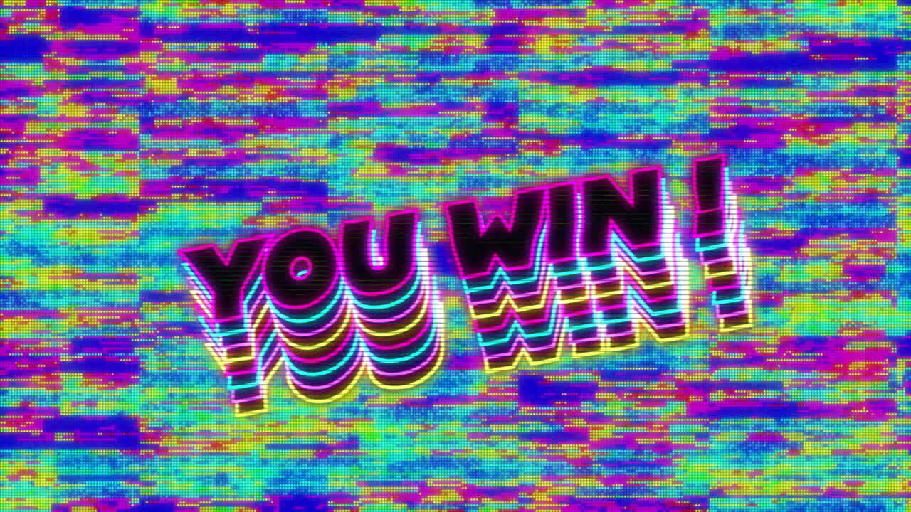 Animation of you win text over colourful interference