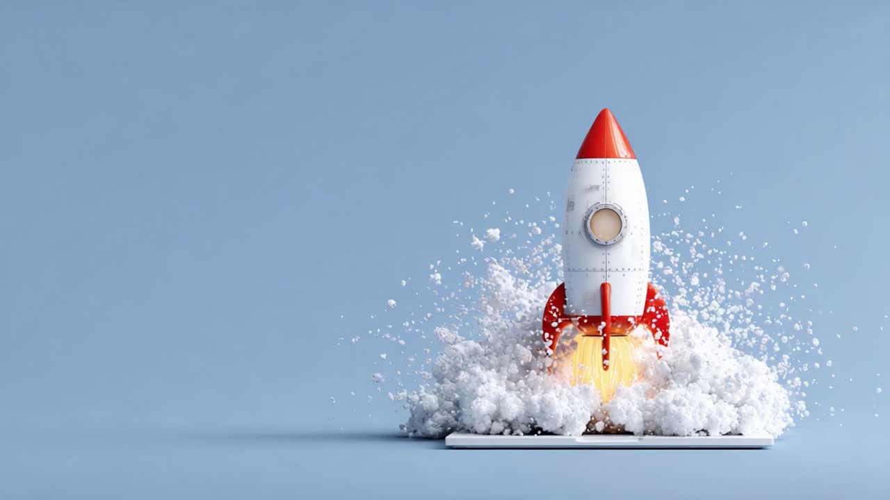 A dynamic rocket launch captured in two frames, showcasing the ignition of powerful thrust with clouds of smoke and sparks against a soft blue backdrop