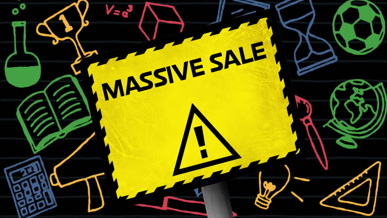 검은색 배경에 대한 학교 개념 아이콘에 대한 대규모 판매 텍스트 배너의 애니메이션