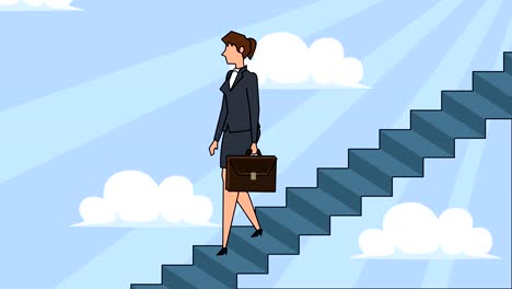 flat cartoon businesswoman character with case bag  goes down the career ladder stairs concept  animation