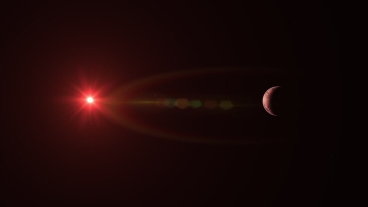 TRAPPIST-1D Alien Livable Habitable Exoplanet Orbiting Cooling Red Dwarf Star in Space with Moons - Wide 4K 3D Rendering
