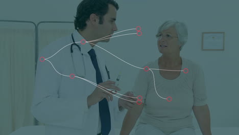 animación de la red de conexiones a través de un médico caucásico que habla con una paciente caucásica