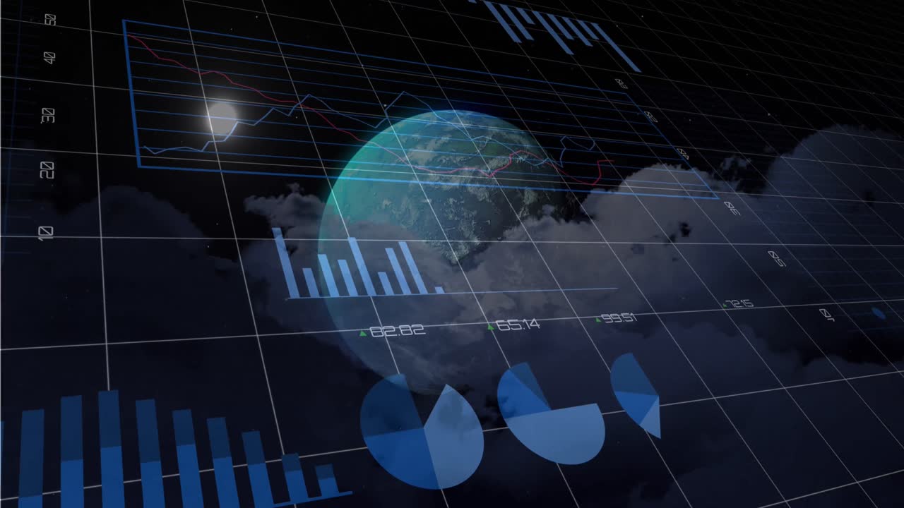 Animation of graphs, changing numbers over dense clouds against moon and globe on black background
