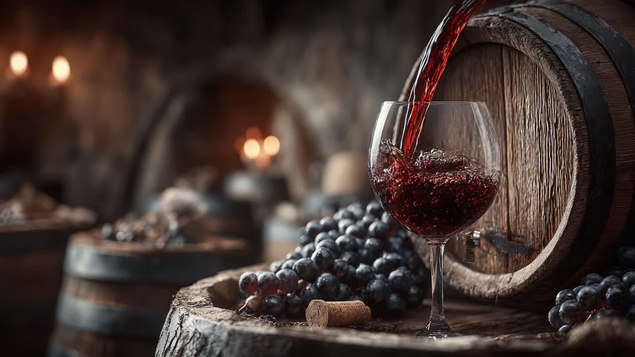 Copa de vino tinto intenso rodeada de abundantes uvas y rústicas barricas de madera, que evoca un ambiente cálido y acogedor en una bodega.