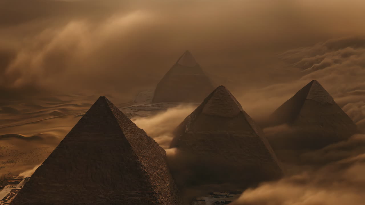 Pyramids of Giza shrouded in mist and clouds