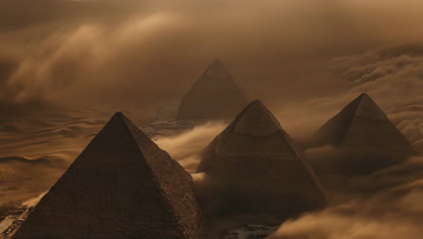 pyramids of giza shrouded in mist and clouds