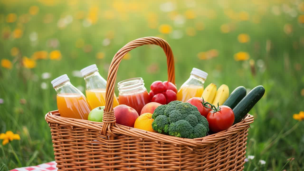 A Vibrant Picnic Basket Filled with Fresh Fruits, Vegetables, and Juices Surrounded by Lush Green Grass and Colorful Wildflowers in a Idyllic Outdoor Setting