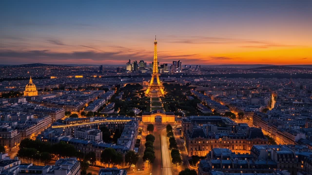 A Stunning Transformation of the Cityscape: The Eiffel Tower Illuminated at Dusk and Night, Capturing the Beauty and Energy of the Urban Skyline