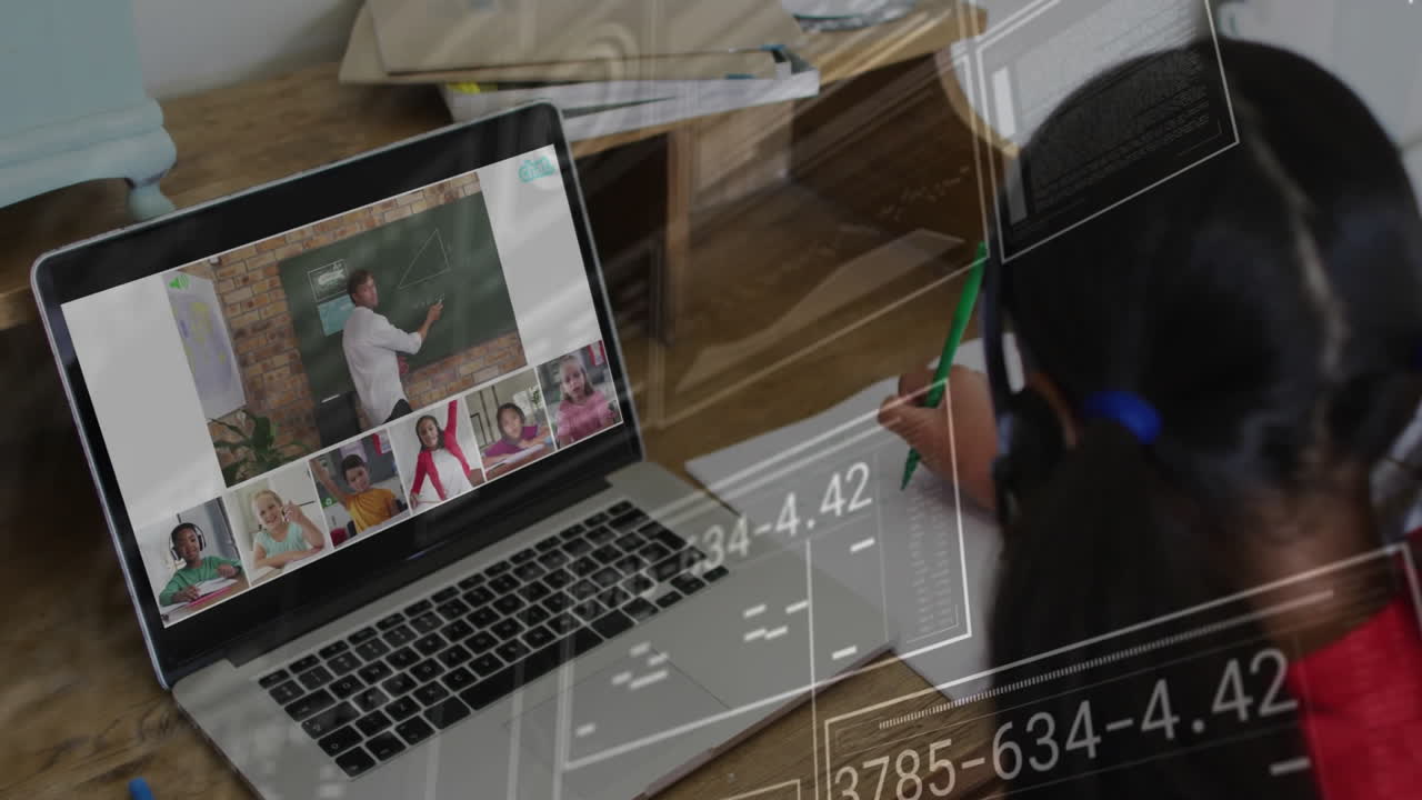 In school, student writing at desk while teacher on laptop screen in animation