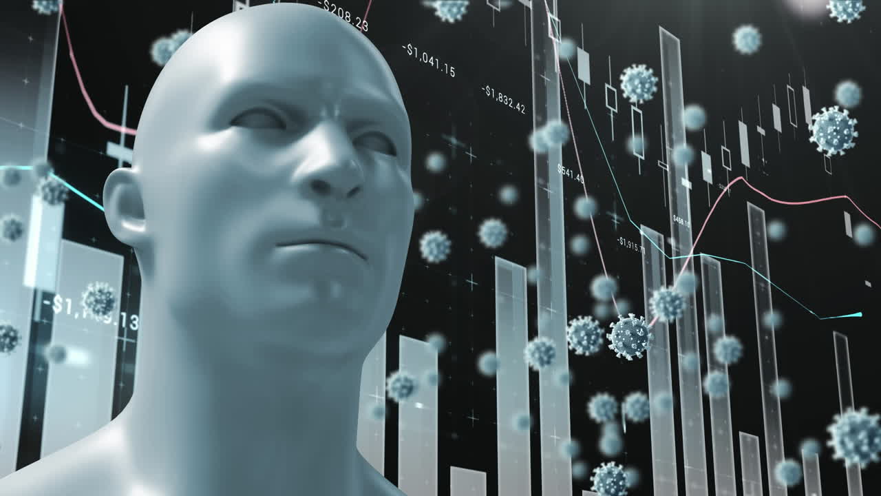 Digital animation of human face model and covid-19 cells against statistical data processing