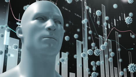 digital animation of human face model and covid-19 cells against statistical data processing