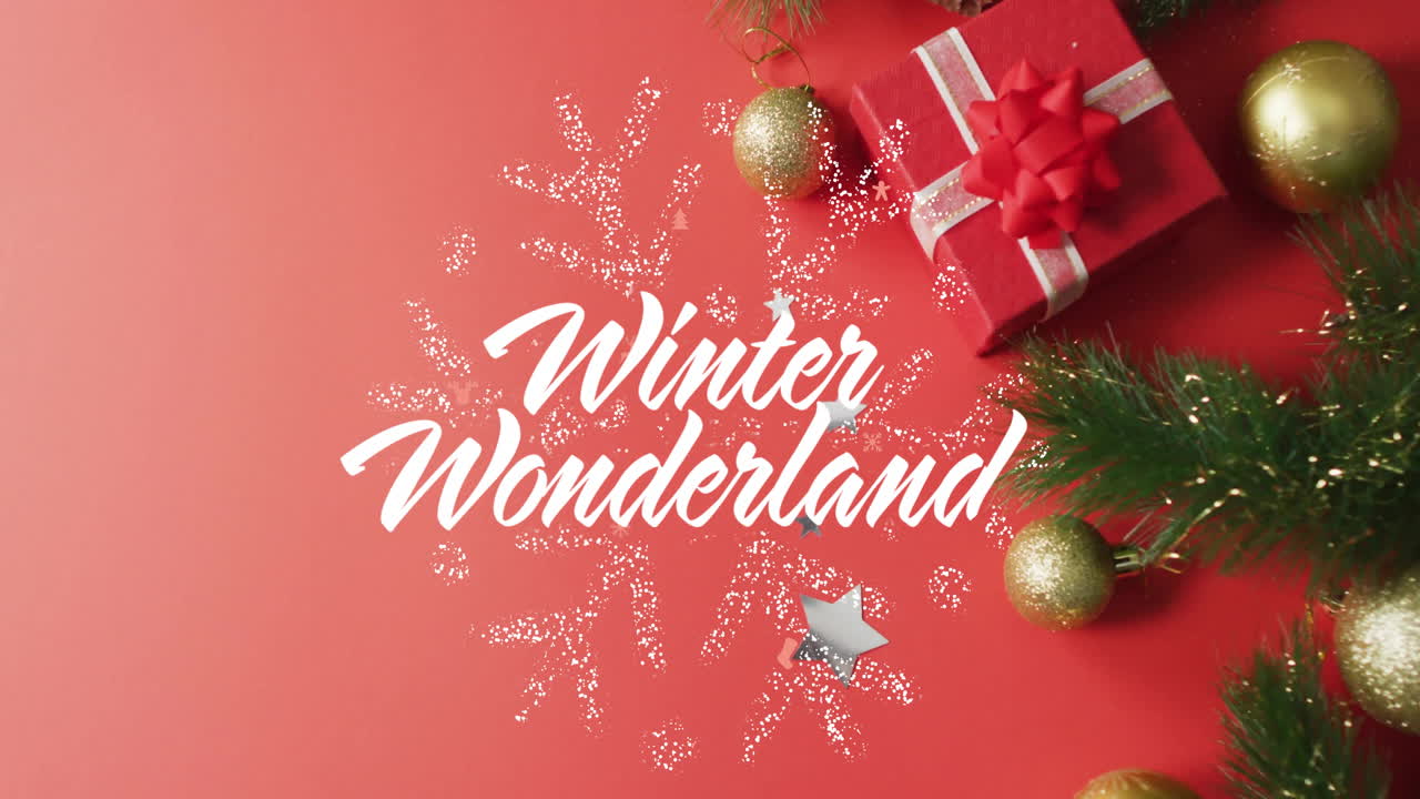 Winter Wonderland text animation over Christmas decorations, red gift box, and ornaments