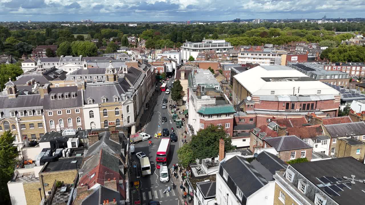 Richmond Town Centre London UK – Aerial Drone View of Streets, Shops and traffiic