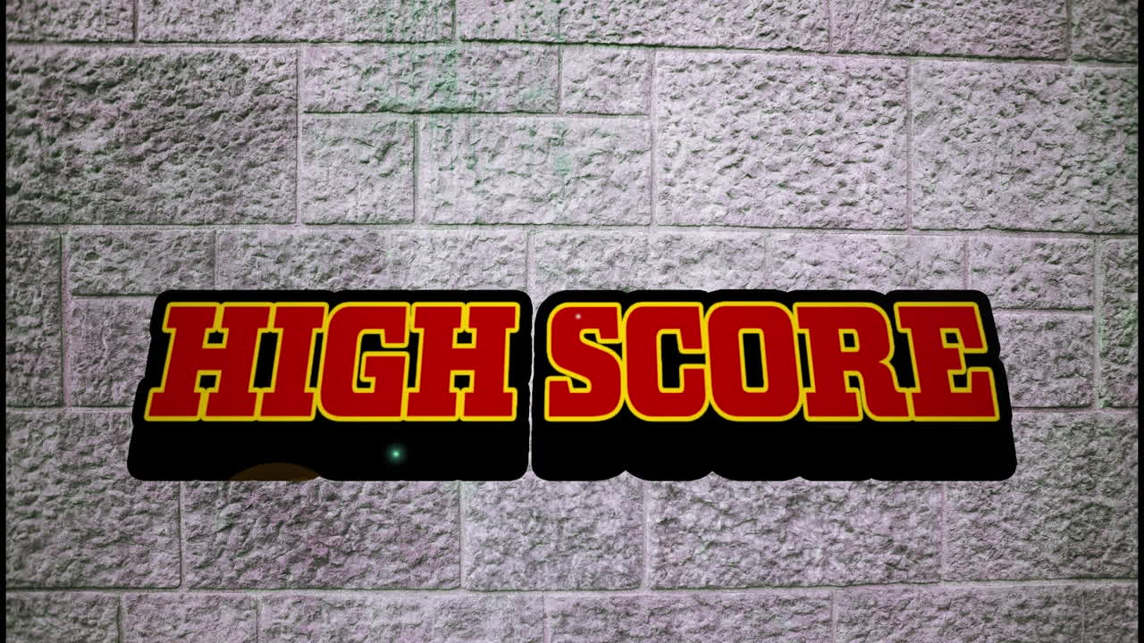 Animation of retro style high score text banner against grey brickwall textured background