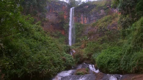 camera tilts down from the vertical drop of sipi falls to its mossy stream below, surrounded by lush vegetation, basalt cliffs, and ferns in the green hills of kapchorwa, eastern uganda.