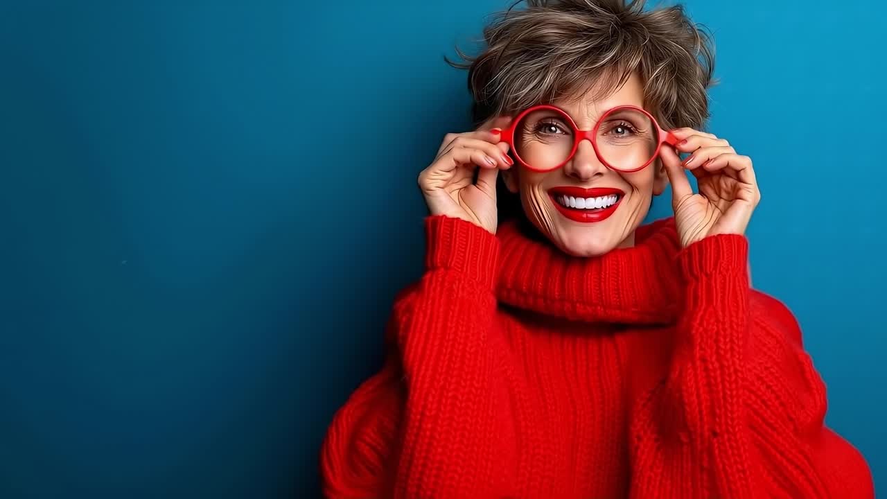 A woman in a red sweater holding a pair of red glasses